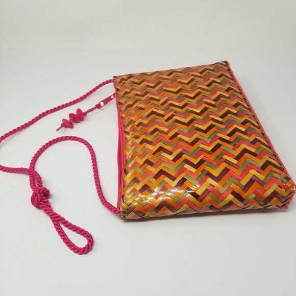 Colored Woven Rattan Handbag with Satin Cord Handle. - Picture 9 of 11